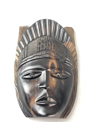 Lot 413 - A CARVED WOOD WALL MASK AND A CARVED WOOD FIGURE