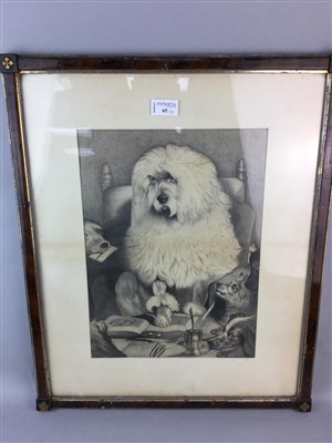Lot 65 - A VICTORIAN DRAWING OF A DOG ACCOUNTING AND A PRINT DEPICTING CATS