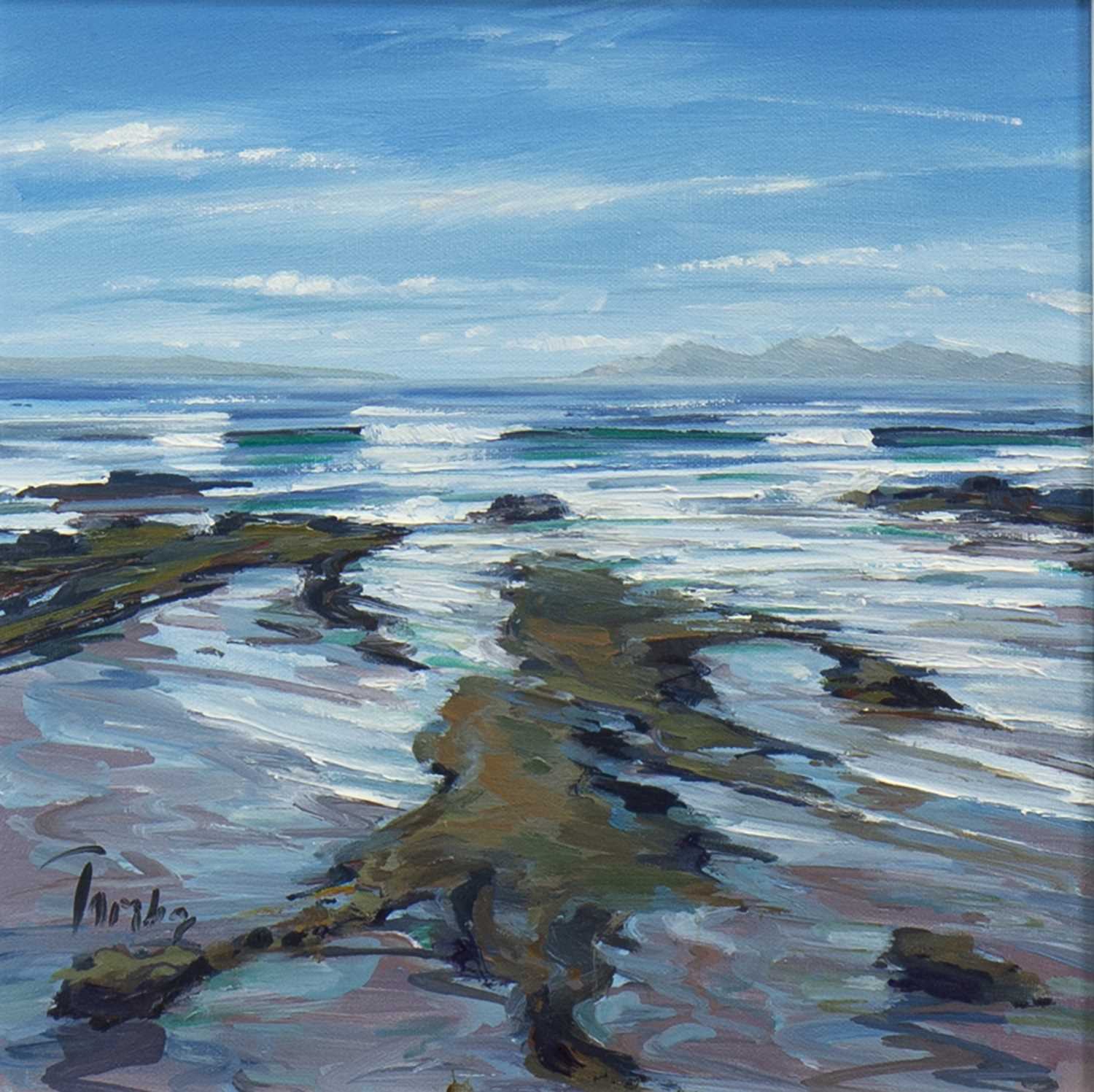 Lot 541 - ROCKS AND SHORE, MACHRIHANISH, AN OIL BY TOM BARRON