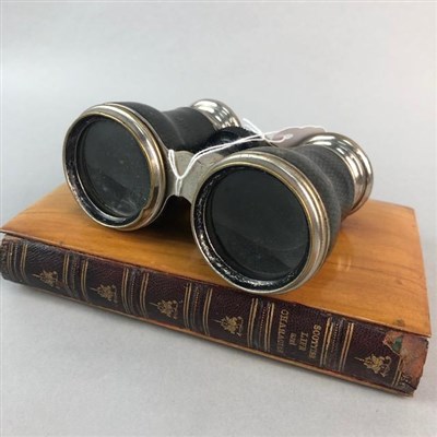 Lot 42 - A MAUCHLINE WARE COVERED BOOK AND A PAIR OF FIELD GLASSES