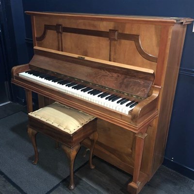 Lot 310 - A MAHOGANY UPRIGHT PIANO AND STOOL