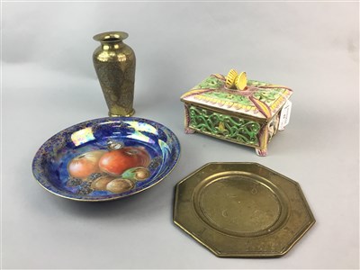 Lot 135 - A BRASS VASE, BRASS DISH AND TWO CERAMIC ITEMS