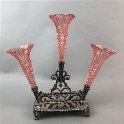 Lot 54 - A SILVER PLATED TRIPLE EPERGNE, SILVER DISH AND PLATED CANDLESTICK