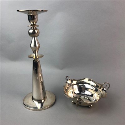 Lot 54 - A SILVER PLATED TRIPLE EPERGNE, SILVER DISH AND PLATED CANDLESTICK