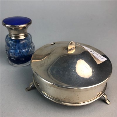 Lot 227 - A CRYSTAL AND GUILLOCHE ENAMEL SILVER MOUNTED SCENT BOTTLE WITH OTHER SILVER ITEMS