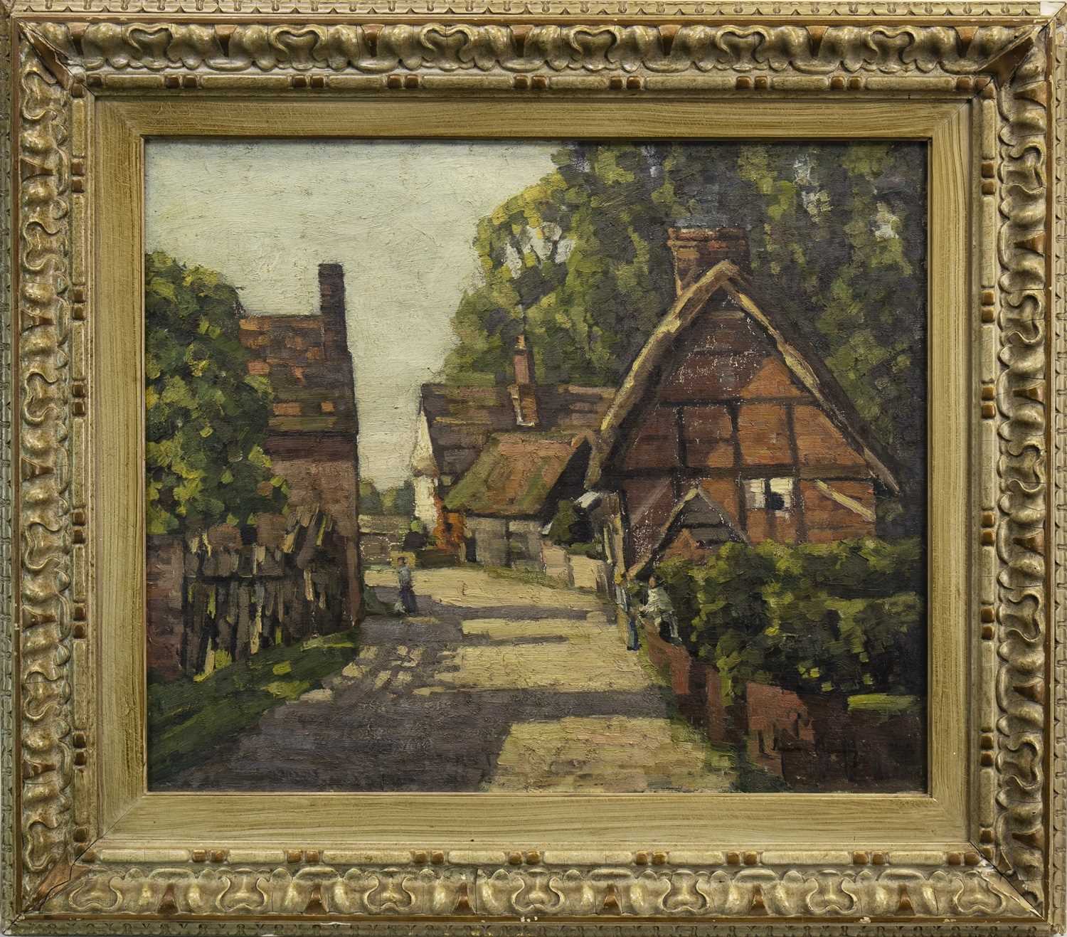 Lot 485 - VILLAGE SCENE WITH FIGURES, AN OIL