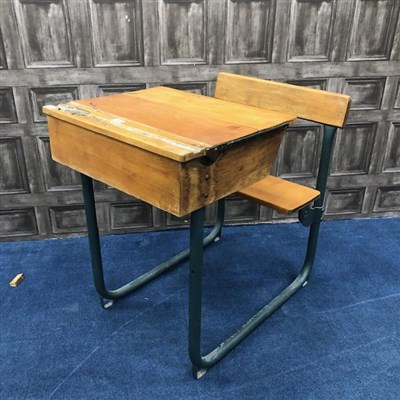 Lot 236 - A 20TH CENTURY SCHOOL DESK AND A MAHOGANY GAMES TABLE