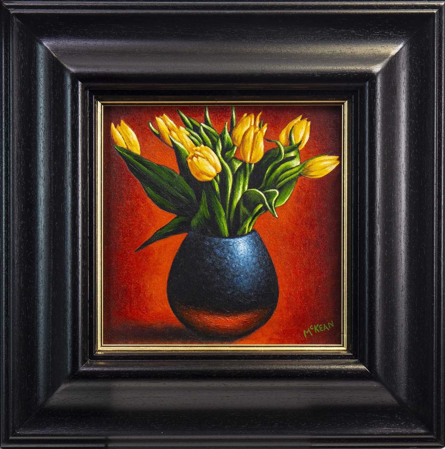 Lot 630 - BLUE VASE WITH YELLOW TULIPS, AN OIL BY GRAHAM MCKEAN