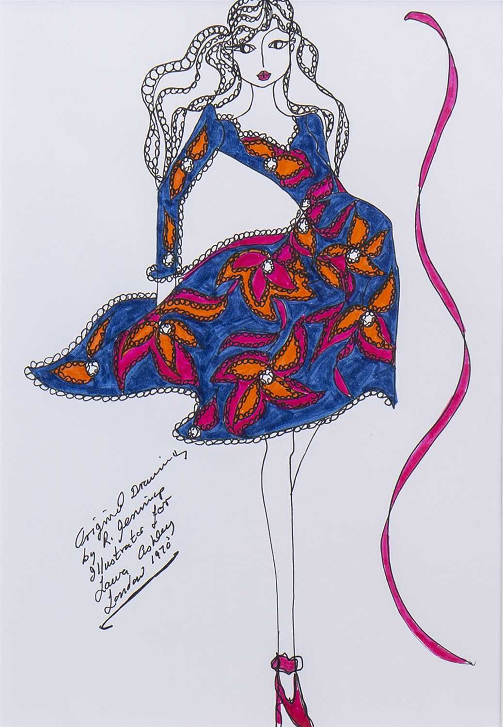 Lot 657 - ORIGINAL ILLUSTRATION OF DESIGNS FOR LAURA ASHLEY, A PEN ON CARD BY ROZ JENNINGS