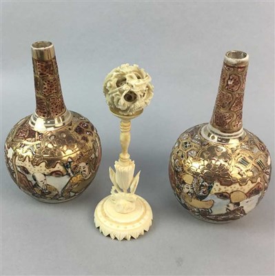 Lot 99 - A PAIR OF JAPANESE VASES, CHINESE TEA BOWL, IVORY CONCENTRIC BALL AND A DISH