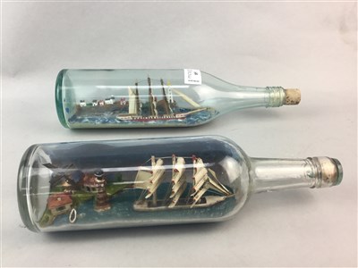 Lot 85 - A LAP DESK, TWO SHIPS IN BOTTLES AND CUTLERY