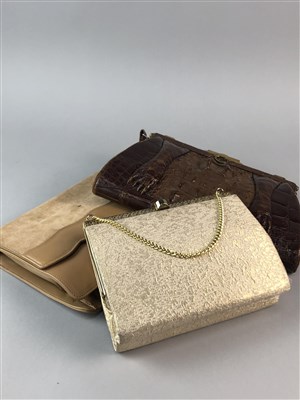 Lot 84 - A LOT OF TWO ALLIGATOR HANDBAGS, TWO SNAKE SKIN BAGS AND OTHER BAGS