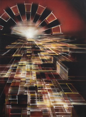 Lot 668 - MAGNETRON RISING OVER THE ELECTRIC CITY, A COLOUR PRINT BY KEN PALMER
