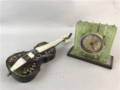 Lot 256 - AN ART DECO MANTEL CLOCK AND A MINIATURE CELLO ORNAMENT