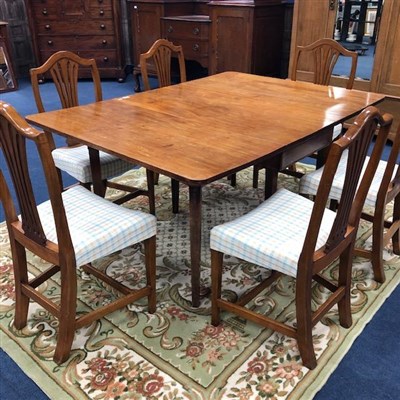 Lot 292 - A MAHOGANY DROP LEAF DINING TABLE AND SIX CHAIRS