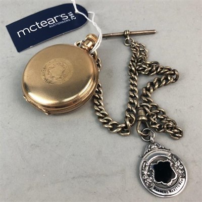 Lot 170 - A GOLD PLATED HUNTER CASED POCKET WATCH AND SILVER CHAIN
