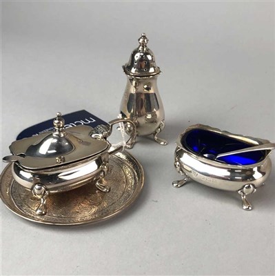Lot 184 - A SILVER CONDIMENT SET AND A SILVER TRAY