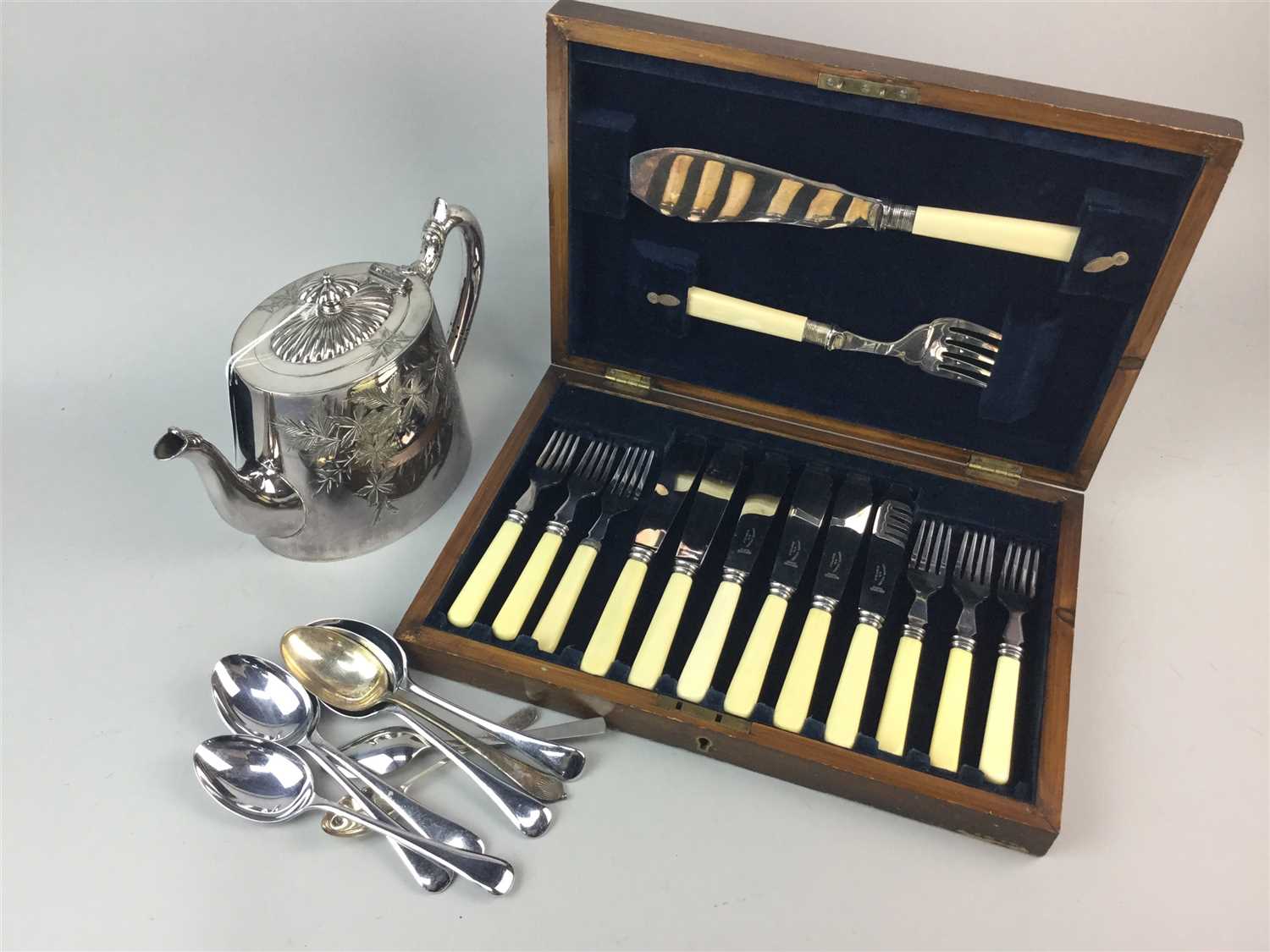 Lot 187 - A VICTORIAN SILVER PLATED TEA POT, FLAT WARE AND BRASS WARE