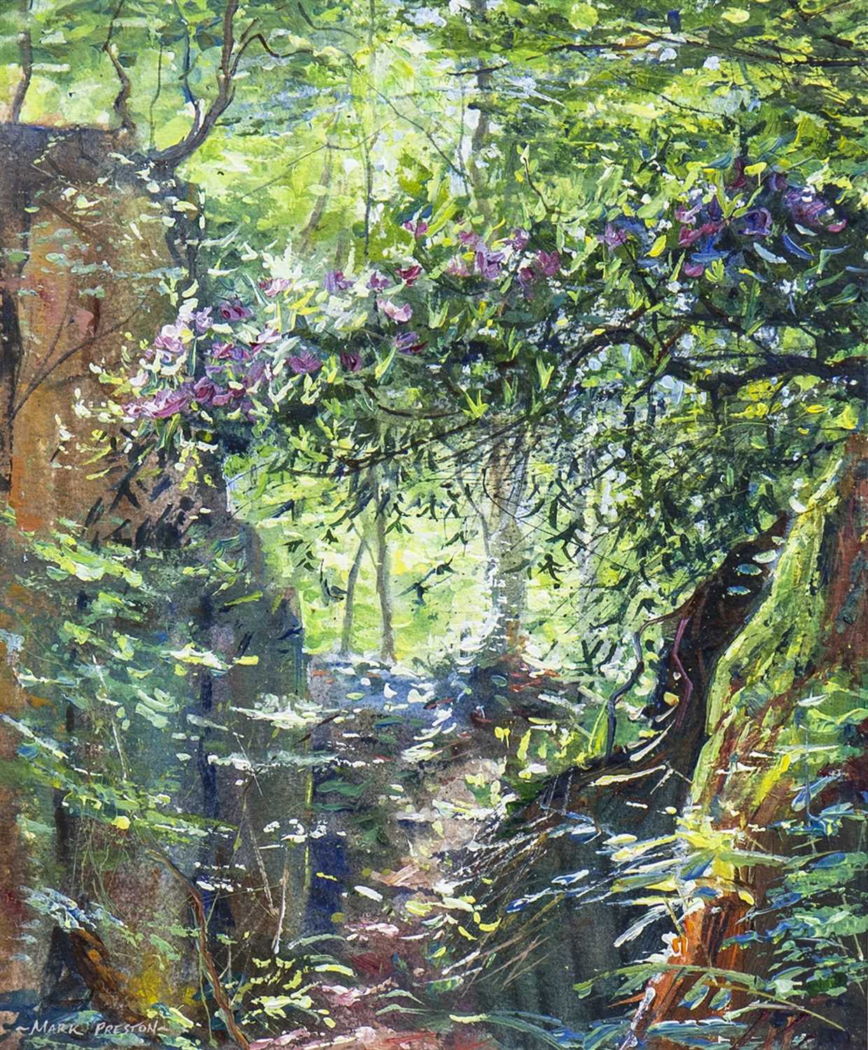 Lot 676 - RHODODENDRONS, DUKE'S QUARRY, A MIXED MEDIA BY MARK PRESTON