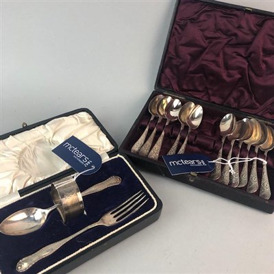 Lot 332 - A SET OF ELEVEN SILVER TEAPSOONS AND A PLATED CHRISTENING SET