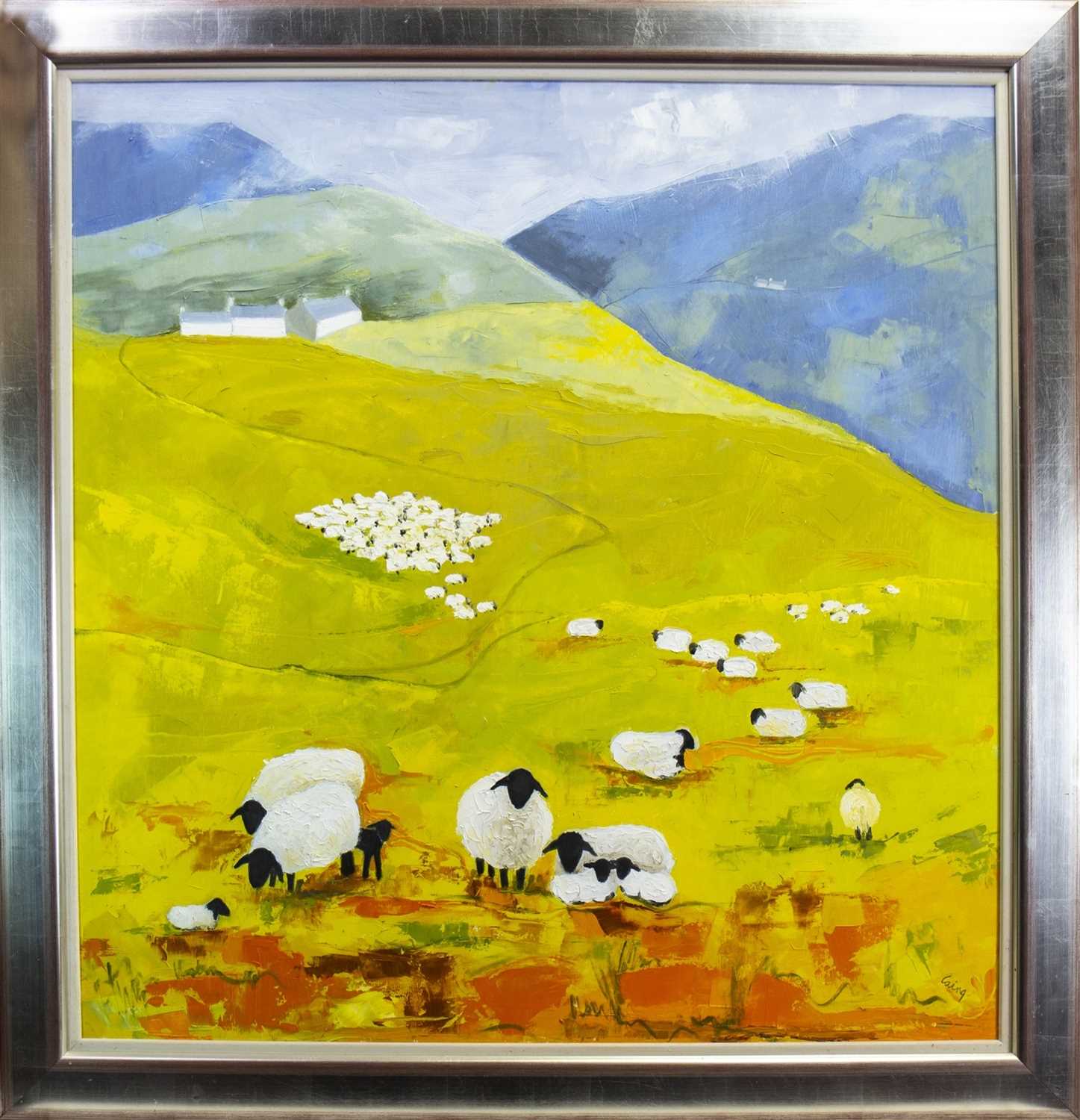 Lot 501 - LAMBING TIME, AN OIL BY ROWENA LAING