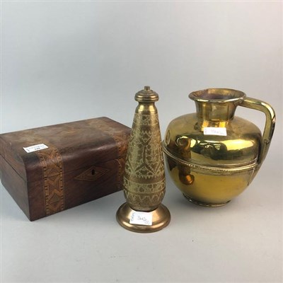 Lot 340 - A MAUCHLINE WARE MONEY BOX, MAHOGANY BOX AND A BRASS JUG