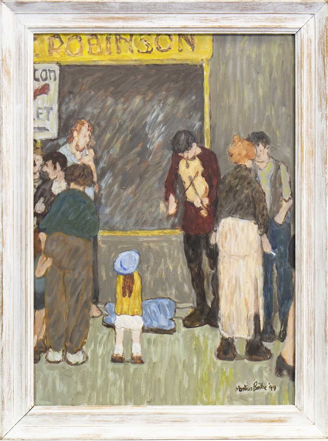 Lot 689 - STREET SCENE WITH BUSKER, AN OIL BY MARTIN BAILLIE
