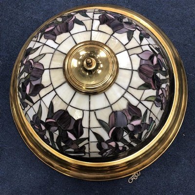 Lot 344 - A BRASS MOUNTED STAINED AND LEADED COMPOSITION DOME SHAPED PENDANT CEILING LIGHT