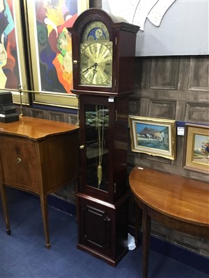 Lot 360 - A REPRODUCTION STAINED WOOD GRANDMOTHER CLOCK