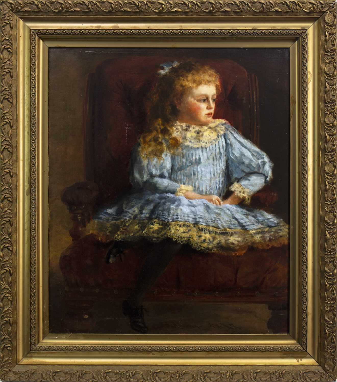 Lot 478 - YOUNG GIRL IN A BLUE DRESS, AN OIL BY S ADAMS