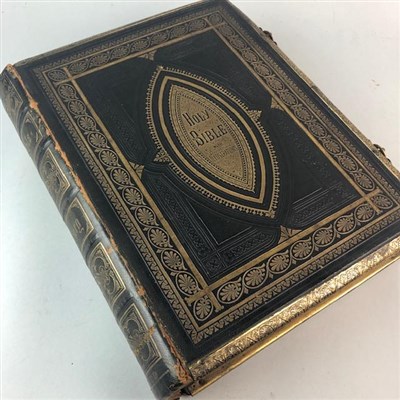 Lot 374 - A VICTORIAN FAMILY BIBLE, CORONATION WARES, COINS AND A MANTEL CLOCK