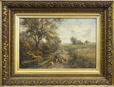 Lot 505 - SHEPHERD DRIVING HIS FLOCK, AN OIL BY JAMES CHRISTIE BRUCE
