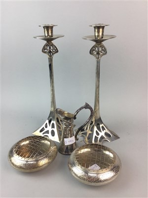 Lot 400 - A PAIR OF ARTS & CRAFTS STYLE CANDLESTICKS, POT POURRI AND A JUG