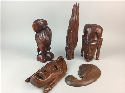 Lot 403 - TWO AFRICAN CARVED WOOD MASKS AND THREE FIGURES