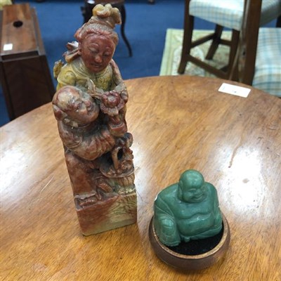 Lot 433 - A CHINESE SOAPSTONE SEAL AND A BUDDHA