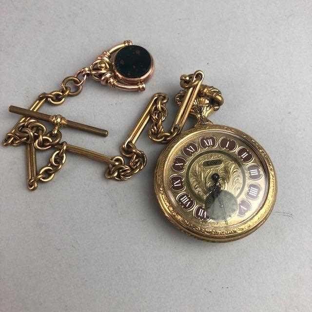 Lot 32 - A GILT METAL POCKET WATCH WITH ALBERT AND FOB