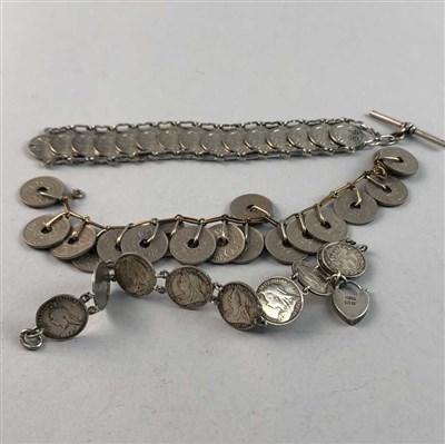 Lot 34 - A GROUP OF SILVER AND WHITE METAL COIN BRACELETS