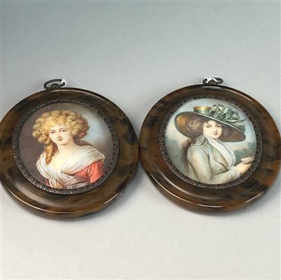 Lot 37 - A PAIR OF OVAL MINIATURE PORTRAITS OF 'GAINSBOROUGH' LADIES