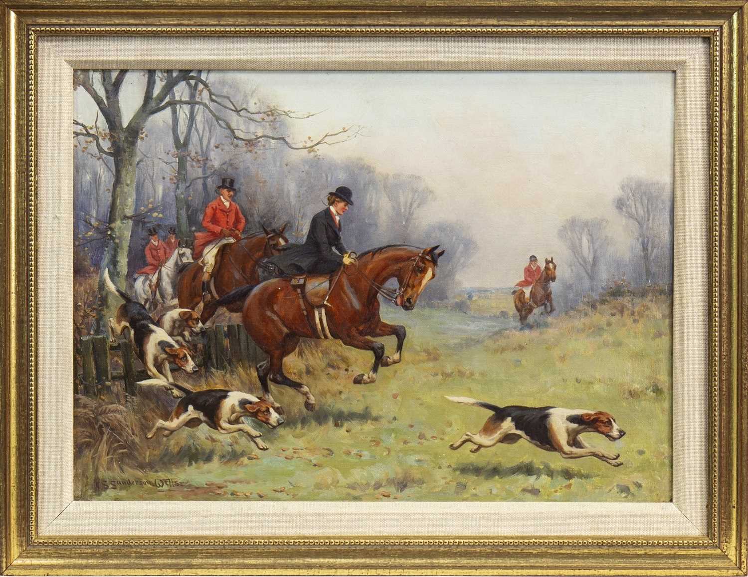 Lot 508 - HUNTERS AND HOUNDS, AN OIL BY JOHN SANDERSON WELLS