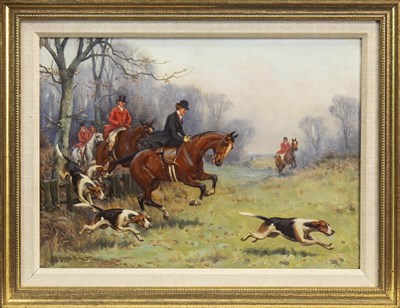 Lot 508 - HUNTERS AND HOUNDS, AN OIL BY JOHN SANDERSON WELLS