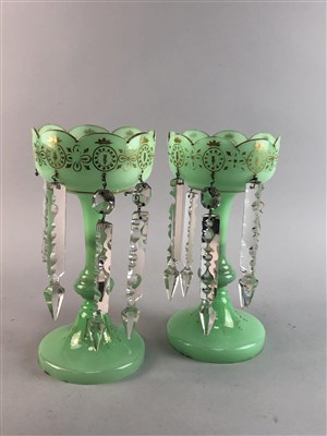 Lot 103 - A PAIR OF OPAQUE GREEN GLASS LUSTRES