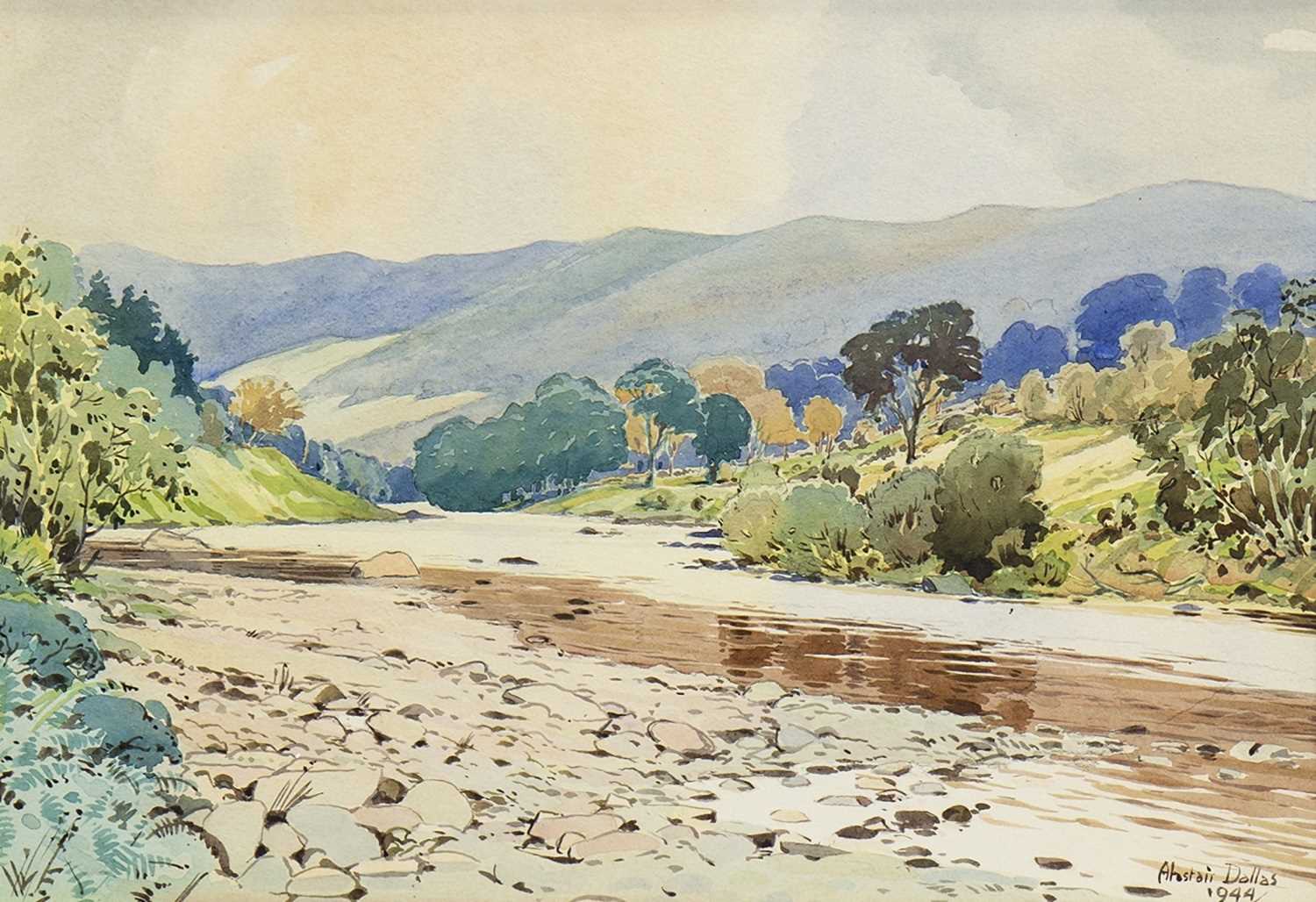 Lot 519 - RIVER LYON NEAR FORTINGALL, A WATERCOLOUR BY ALASTAIR A K DALLAS