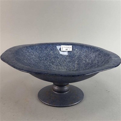 Lot 83 - A GLASS COMPORT, BLUE GLASS VASE, JASPER WARE VASE AND TWO PLATES