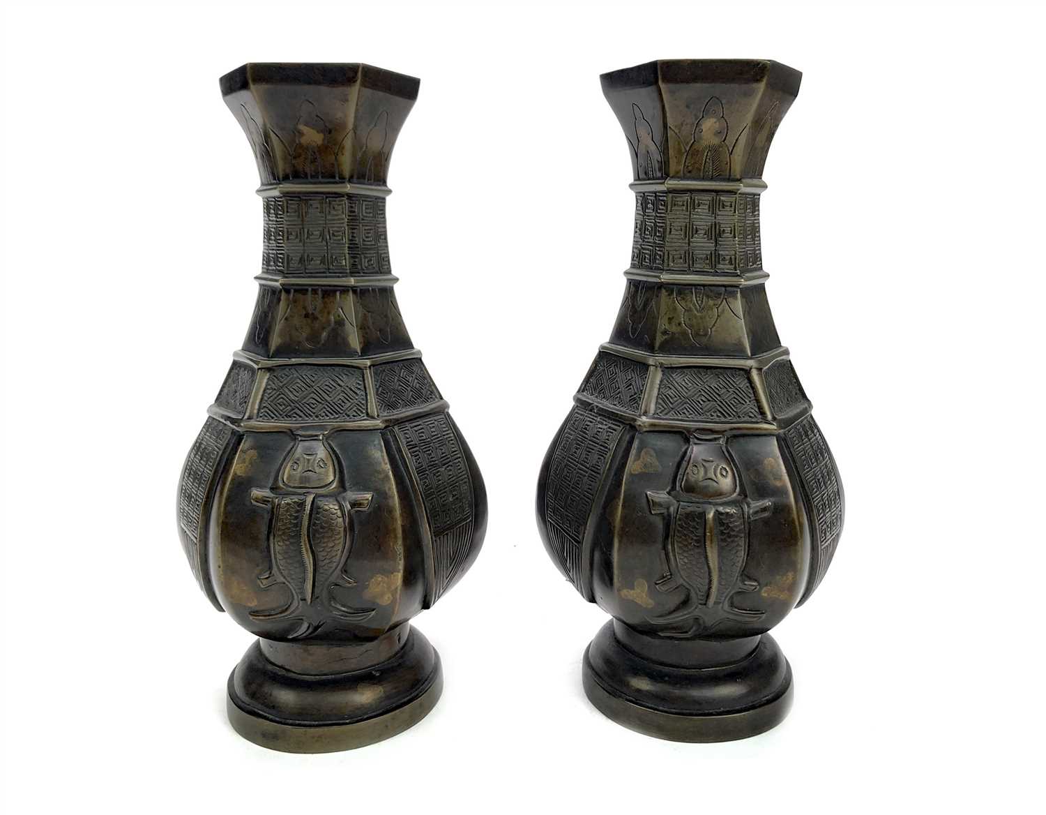 Lot 1015 - A PAIR OF 20TH CENTURY CHINESE BRONZE VASES