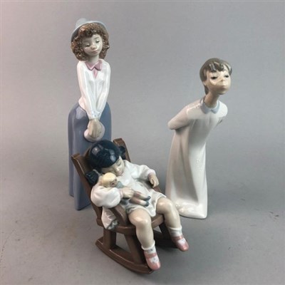 Lot 136 - A LLADRO FIGURE OF A GIRL IN A ROCKING CHAIR AND TWO OTHER FIGURES