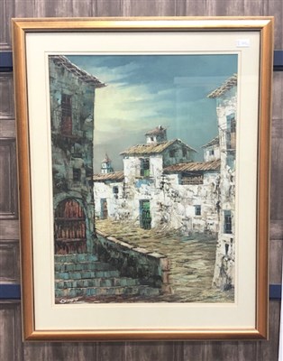 Lot 308 - A MODERN MEDITERRANEAN VILLAGE SCENE AND ANOTHER PICTURE