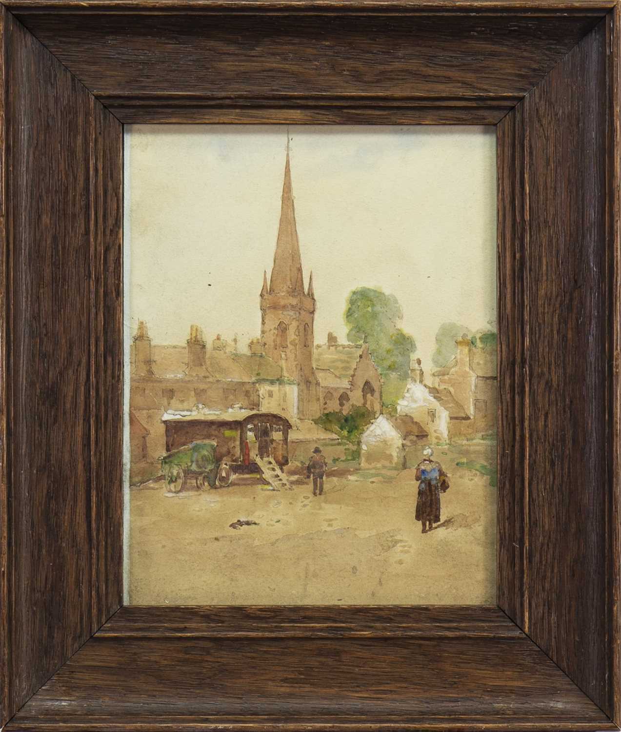 Lot 390 - QUIET VILLAGE SCENE WITH FIGURES, A WATERCOLOUR