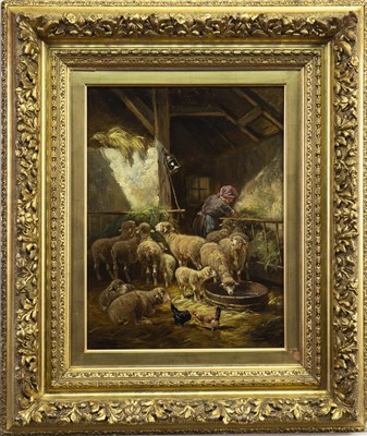 Lot 417 - SHEPHERDESS WITH HER FLOCK, AN OIL