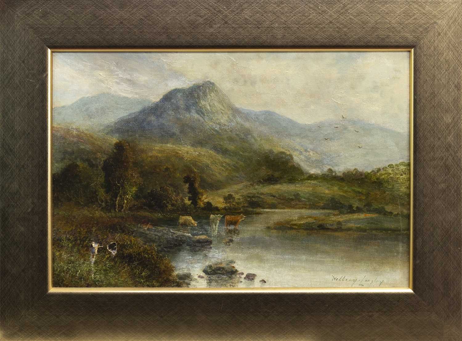Lot 401 - HIGHLAND CATTLE IN A STREAM, AN OIL BY WILLIAM LANGLEY