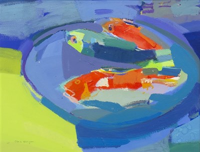 Lot 542 - RED SNAPPERS AND BLUE PARROT FISH, A MIXED MEDIA BY CLAIRE HARRIGAN